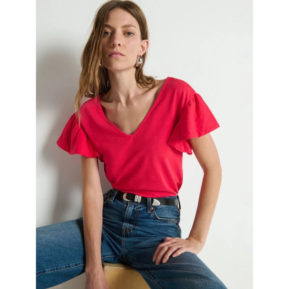 Nation LTD LA Emmy Flutter Short Sleeve Top in Red XS